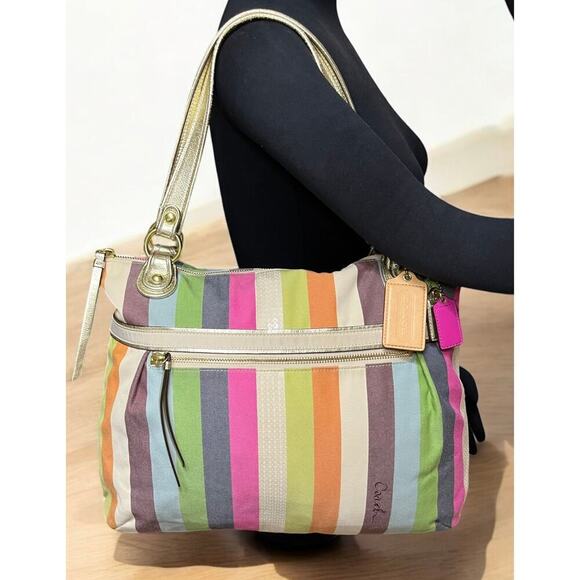 Coach 19021 Poppy Legacy Stripe Sequins Glam Tote & Wristlet - Picture 10 of 15